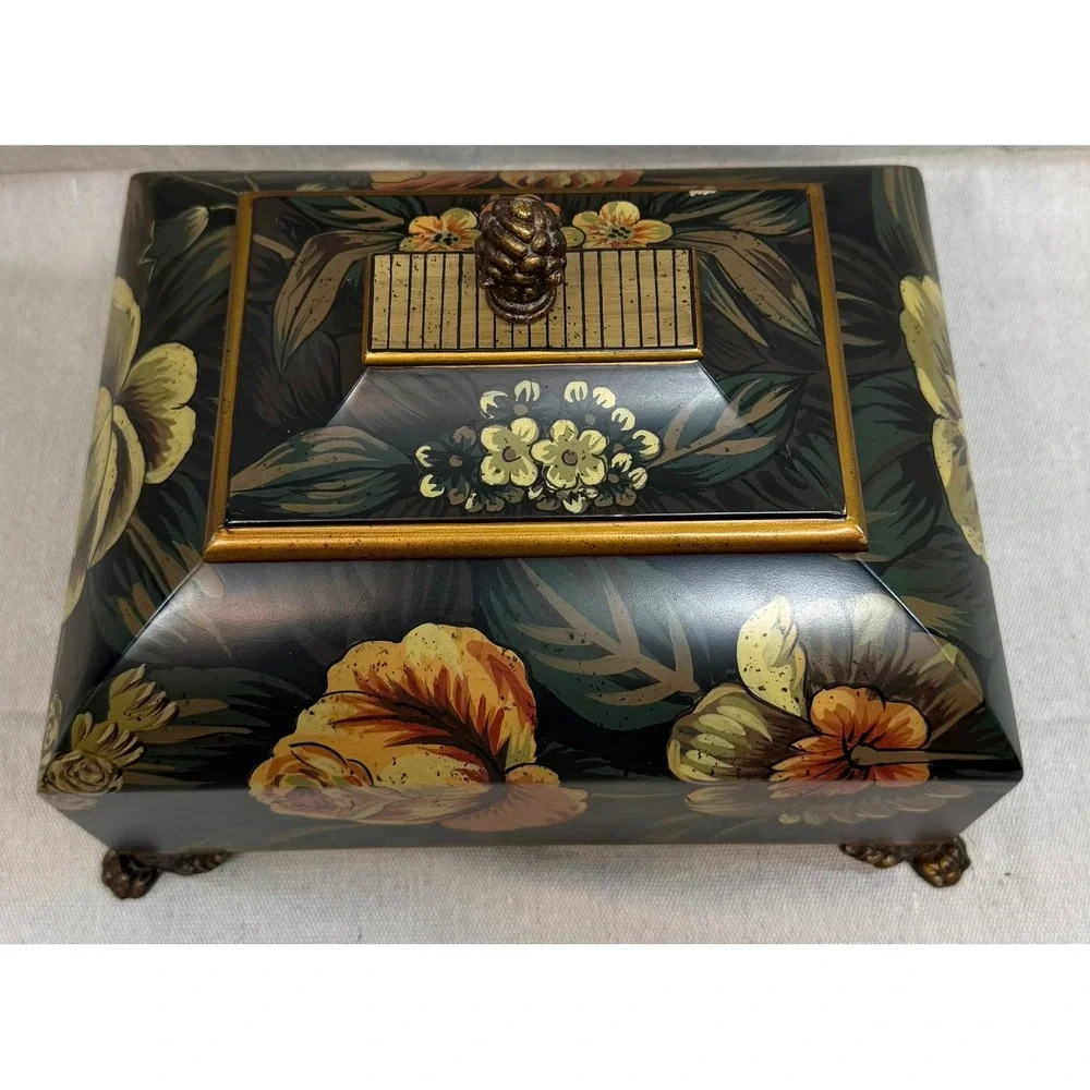 Vintage Floral Hand Painted Decorative Jewelry Box Lion Paw Feet Pinecone Finial